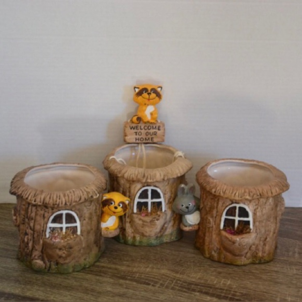Vtg 1977 Enesco Woodland Animal Planters